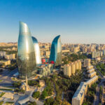 Baku, Azerbaijan City center and view of the Flame towers in summer time